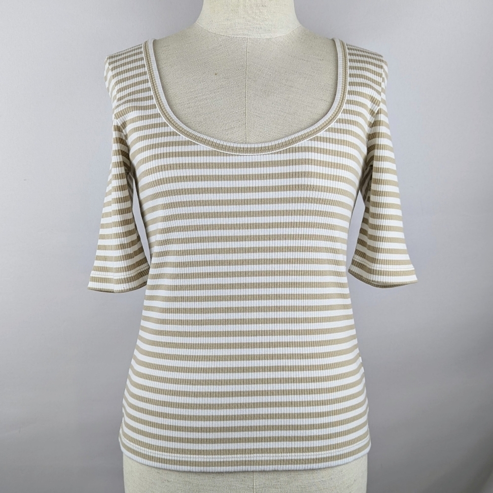 Faherty Tee Freestyle Rib Knit Short Sleeve Pima Blend Neutral Desi Stripe M NWT